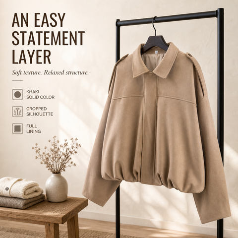 Women's Faux Suede Bomber Jacket Oversized Lapel Jacket with Long Sleeves