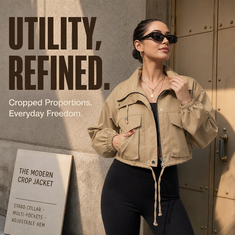 Women's Cropped Utility Jacket Lightweight Oversized Anorak Coat with Pockets