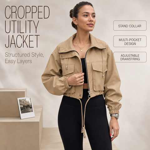 Women's Cropped Utility Jacket Lightweight Oversized Anorak Coat with Pockets