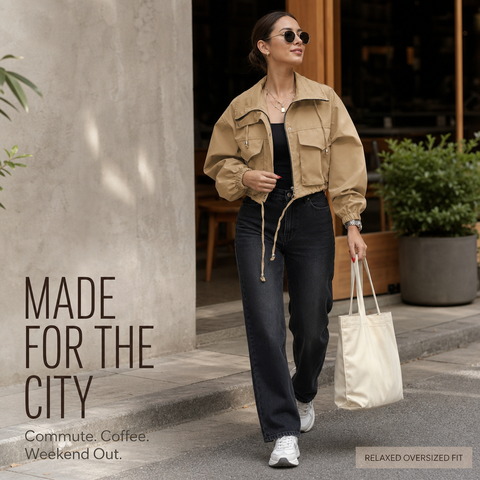 Women's Cropped Utility Jacket Lightweight Oversized Anorak Coat with Pockets