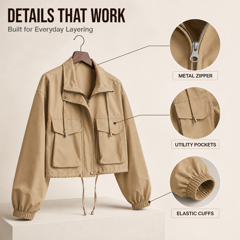 Women's Cropped Utility Jacket Lightweight Oversized Anorak Coat with Pockets