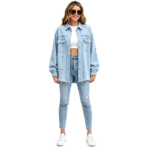 Women's Oversized Denim Shacket Distressed Jean Jacket Long Sleeve Outerwear