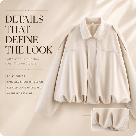 Women's Faux Suede Bomber Jacket Oversized Lapel Jacket with Long Sleeves