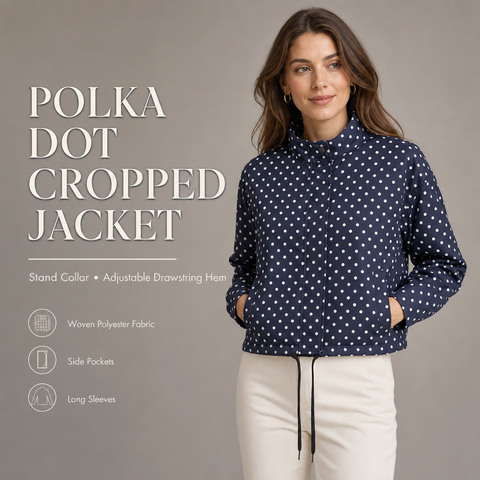 Women's Polka Dot Cropped Jacket Stand Collar Zip Up Jacket with Pockets