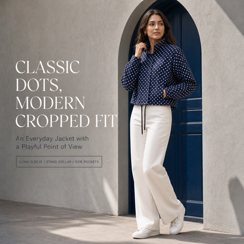 Women's Polka Dot Cropped Jacket Stand Collar Zip Up Jacket with Pockets