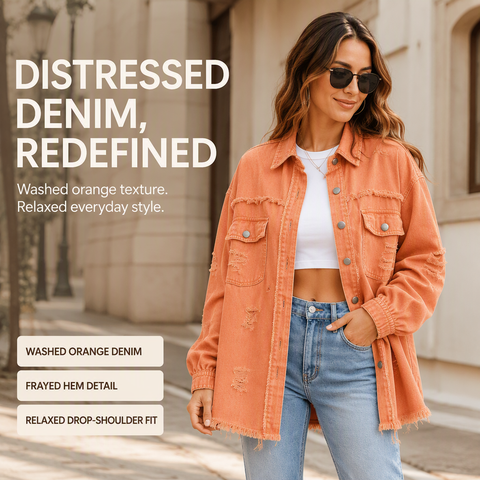 Women's Oversized Denim Shacket Distressed Jean Jacket Long Sleeve Outerwear