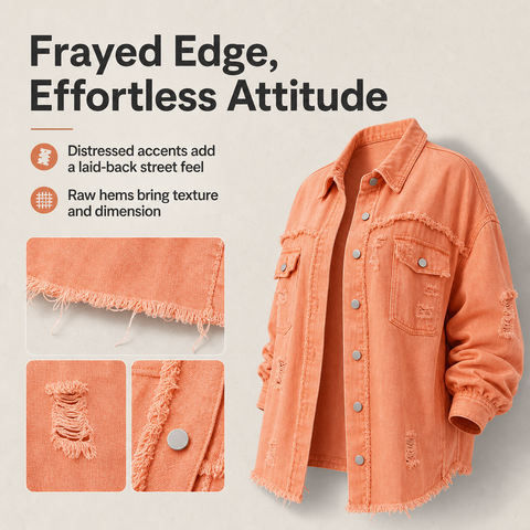 Women's Oversized Denim Shacket Distressed Jean Jacket Long Sleeve Outerwear