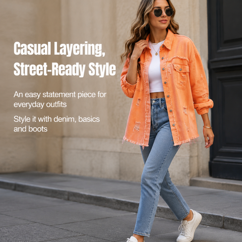 Women's Oversized Denim Shacket Distressed Jean Jacket Long Sleeve Outerwear