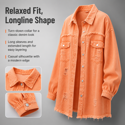 Women's Oversized Denim Shacket Distressed Jean Jacket Long Sleeve Outerwear