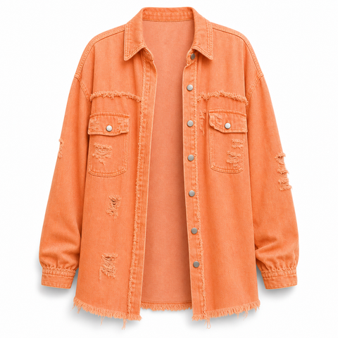 Women's Oversized Denim Shacket Distressed Jean Jacket Long Sleeve Outerwear