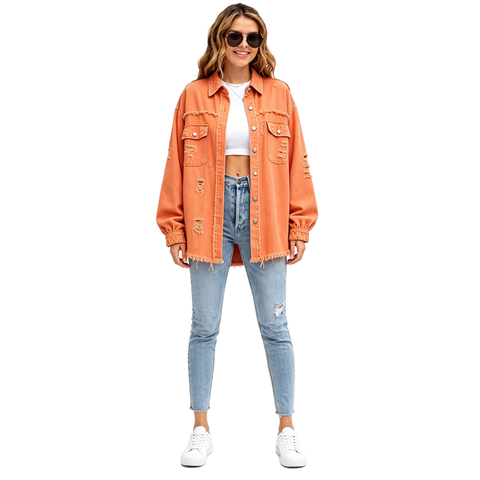 Women's Oversized Denim Shacket Distressed Jean Jacket Long Sleeve Outerwear