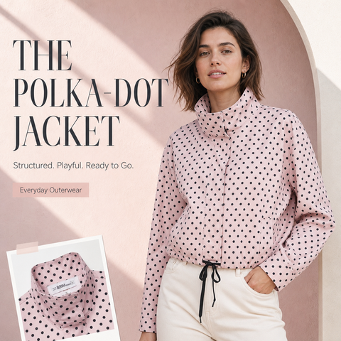 Women's Polka Dot Cropped Jacket Stand Collar Zip Up Jacket with Pockets