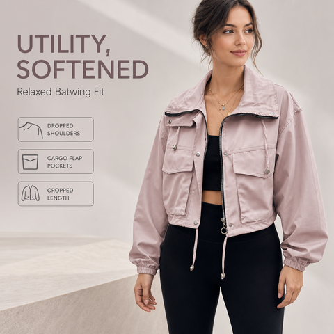 Women's Cropped Utility Jacket Lightweight Oversized Anorak Coat with Pockets
