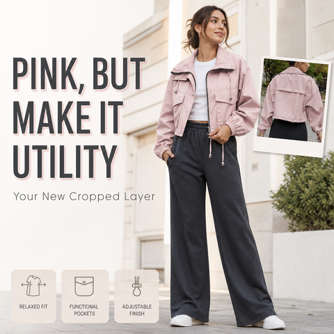 Women's Cropped Utility Jacket Lightweight Oversized Anorak Coat with Pockets