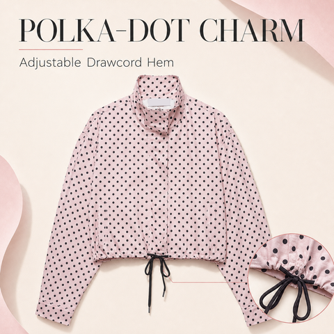 Women's Polka Dot Cropped Jacket Stand Collar Zip Up Jacket with Pockets