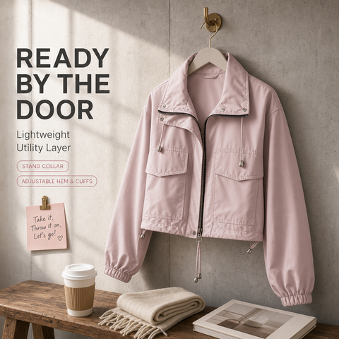 Women's Cropped Utility Jacket Lightweight Oversized Anorak Coat with Pockets