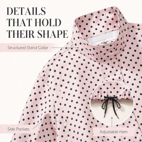 Women's Polka Dot Cropped Jacket Stand Collar Zip Up Jacket with Pockets