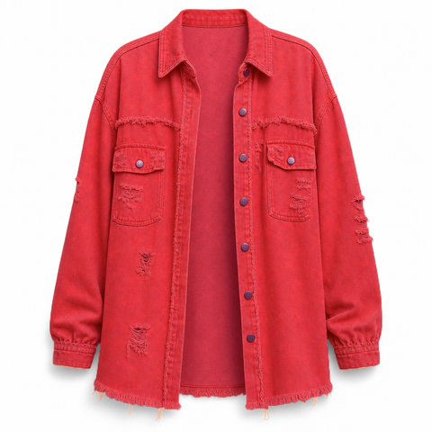 Women's Oversized Denim Shacket Distressed Jean Jacket Long Sleeve Outerwear