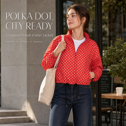 Women's Polka Dot Cropped Jacket Stand Collar Zip Up Jacket with Pockets