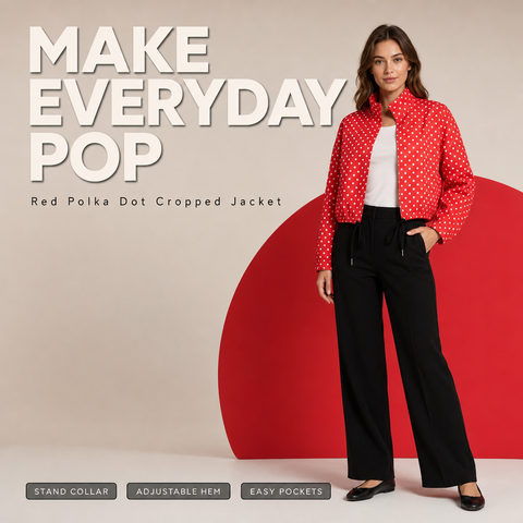 Women's Polka Dot Cropped Jacket Stand Collar Zip Up Jacket with Pockets