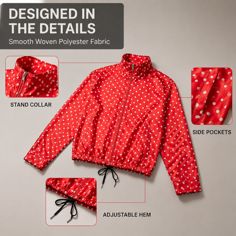 Women's Polka Dot Cropped Jacket Stand Collar Zip Up Jacket with Pockets