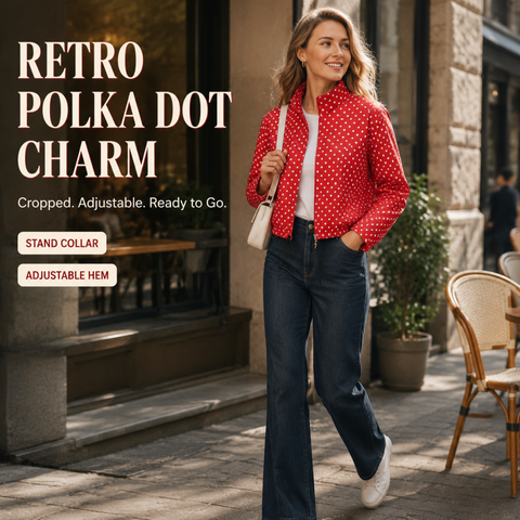 Women's Polka Dot Cropped Jacket Stand Collar Zip Up Jacket with Pockets