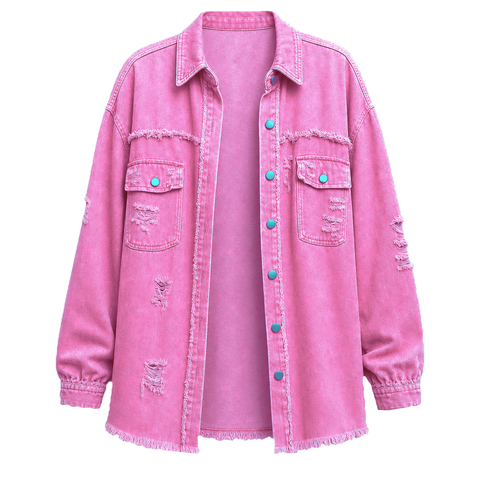 Women's Oversized Denim Shacket Distressed Jean Jacket Long Sleeve Outerwear