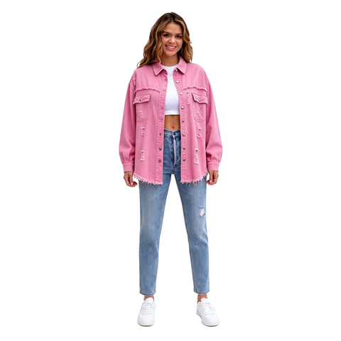 Women's Oversized Denim Shacket Distressed Jean Jacket Long Sleeve Outerwear