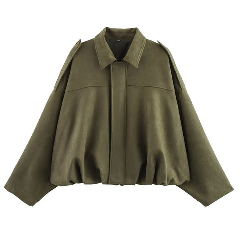 Women's Faux Suede Bomber Jacket Oversized Lapel Jacket with Long Sleeves