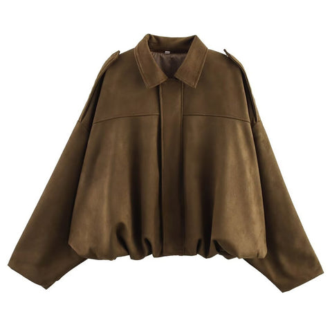 Women's Faux Suede Bomber Jacket Oversized Lapel Jacket with Long Sleeves