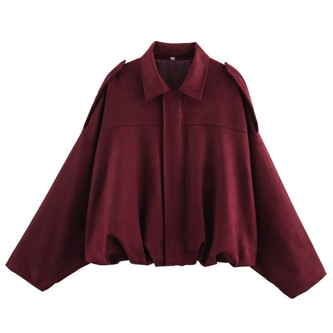 Women's Faux Suede Bomber Jacket Oversized Lapel Jacket with Long Sleeves