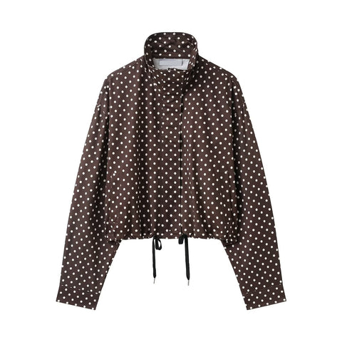 Women's Polka Dot Cropped Jacket Stand Collar Zip Up Jacket with Pockets