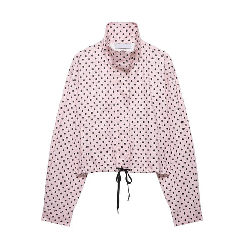 Women's Polka Dot Cropped Jacket Stand Collar Zip Up Jacket with Pockets
