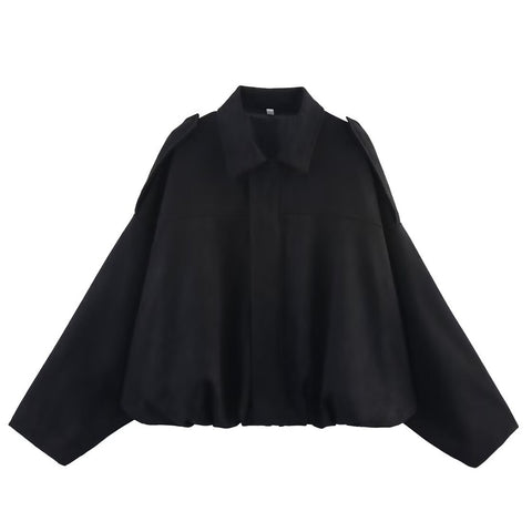 Women's Faux Suede Bomber Jacket Oversized Lapel Jacket with Long Sleeves