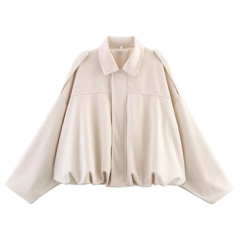 Women's Faux Suede Bomber Jacket Oversized Lapel Jacket with Long Sleeves