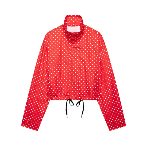 Women's Polka Dot Cropped Jacket Stand Collar Zip Up Jacket with Pockets