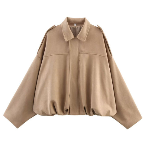 Women's Faux Suede Bomber Jacket Oversized Lapel Jacket with Long Sleeves
