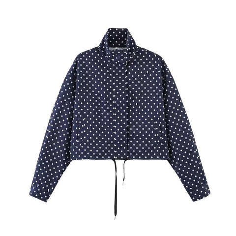 Women's Polka Dot Cropped Jacket Stand Collar Zip Up Jacket with Pockets