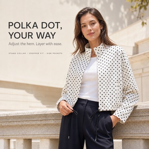 Women's Polka Dot Cropped Jacket Stand Collar Zip Up Jacket with Pockets