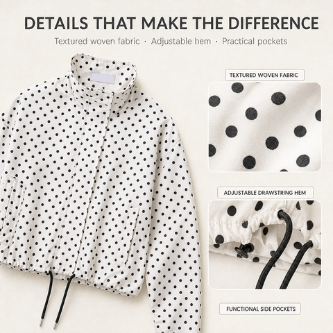 Women's Polka Dot Cropped Jacket Stand Collar Zip Up Jacket with Pockets
