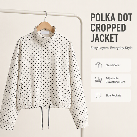 Women's Polka Dot Cropped Jacket Stand Collar Zip Up Jacket with Pockets