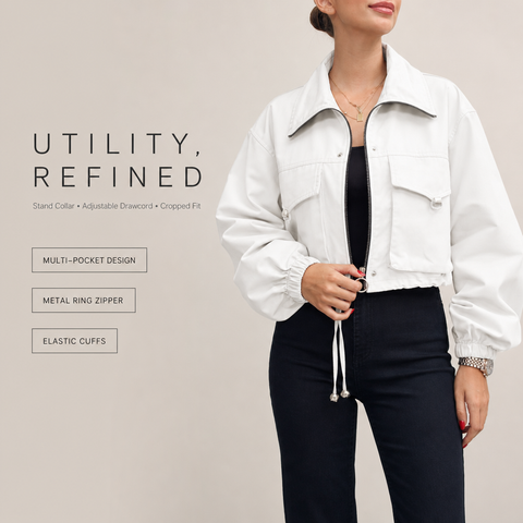 Women's Cropped Utility Jacket Lightweight Oversized Anorak Coat with Pockets