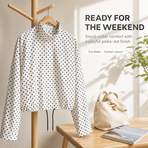 Women's Polka Dot Cropped Jacket Stand Collar Zip Up Jacket with Pockets
