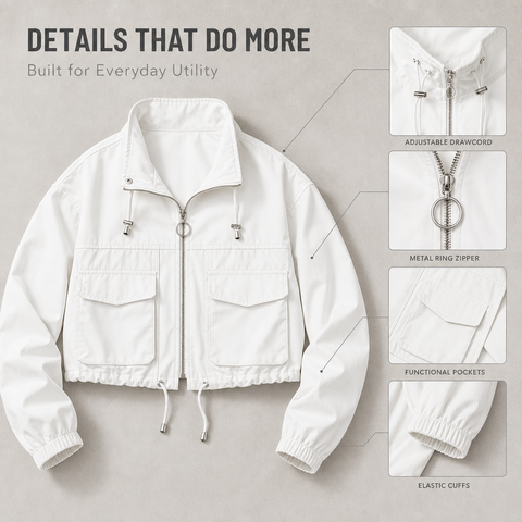 Women's Cropped Utility Jacket Lightweight Oversized Anorak Coat with Pockets