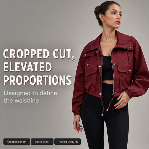Women's Cropped Utility Jacket Lightweight Oversized Anorak Coat with Pockets