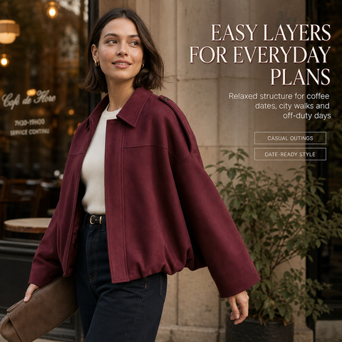 Women's Faux Suede Bomber Jacket Oversized Lapel Jacket with Long Sleeves