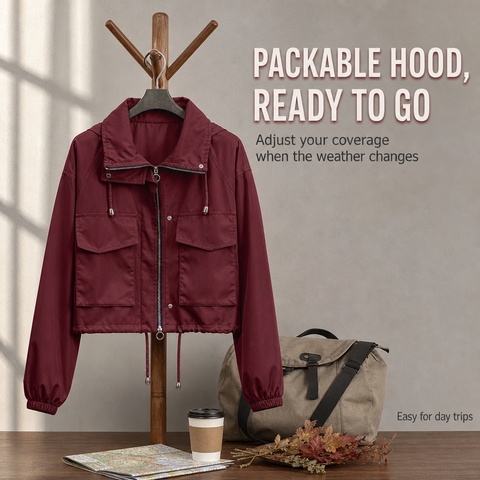 Women's Cropped Utility Jacket Lightweight Oversized Anorak Coat with Pockets