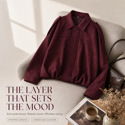 Women's Faux Suede Bomber Jacket Oversized Lapel Jacket with Long Sleeves
