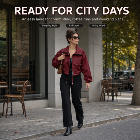 Women's Cropped Utility Jacket Lightweight Oversized Anorak Coat with Pockets