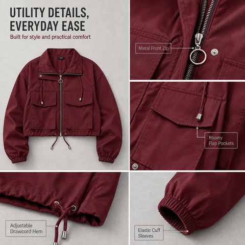 Women's Cropped Utility Jacket Lightweight Oversized Anorak Coat with Pockets